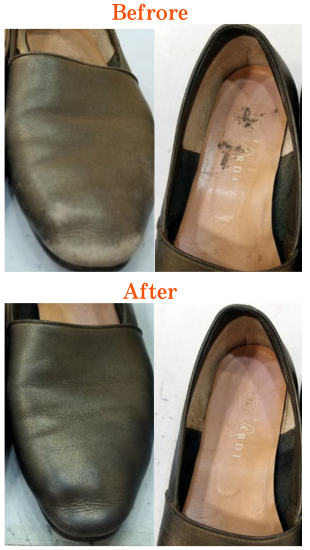 靴クリーニングによって、くつの外側だけではなく、内側、中敷きも汚れを落としたクリーニング見本例