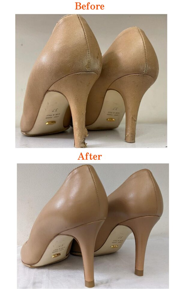 婦人靴クリーニングと靴修理によって新品のようによみがえったハイヒールの修理完成見本